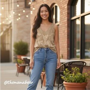 Beautiful Vintage Beige Gold Silk & Couture Lace Camisole Cami Top 💛 Size Large